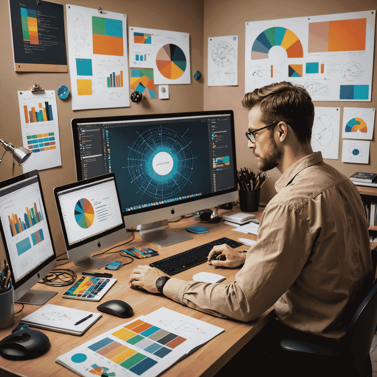 Diseñador trabajando en código en su computadora, rodeado de elementos de diseño como paletas de colores y bocetos