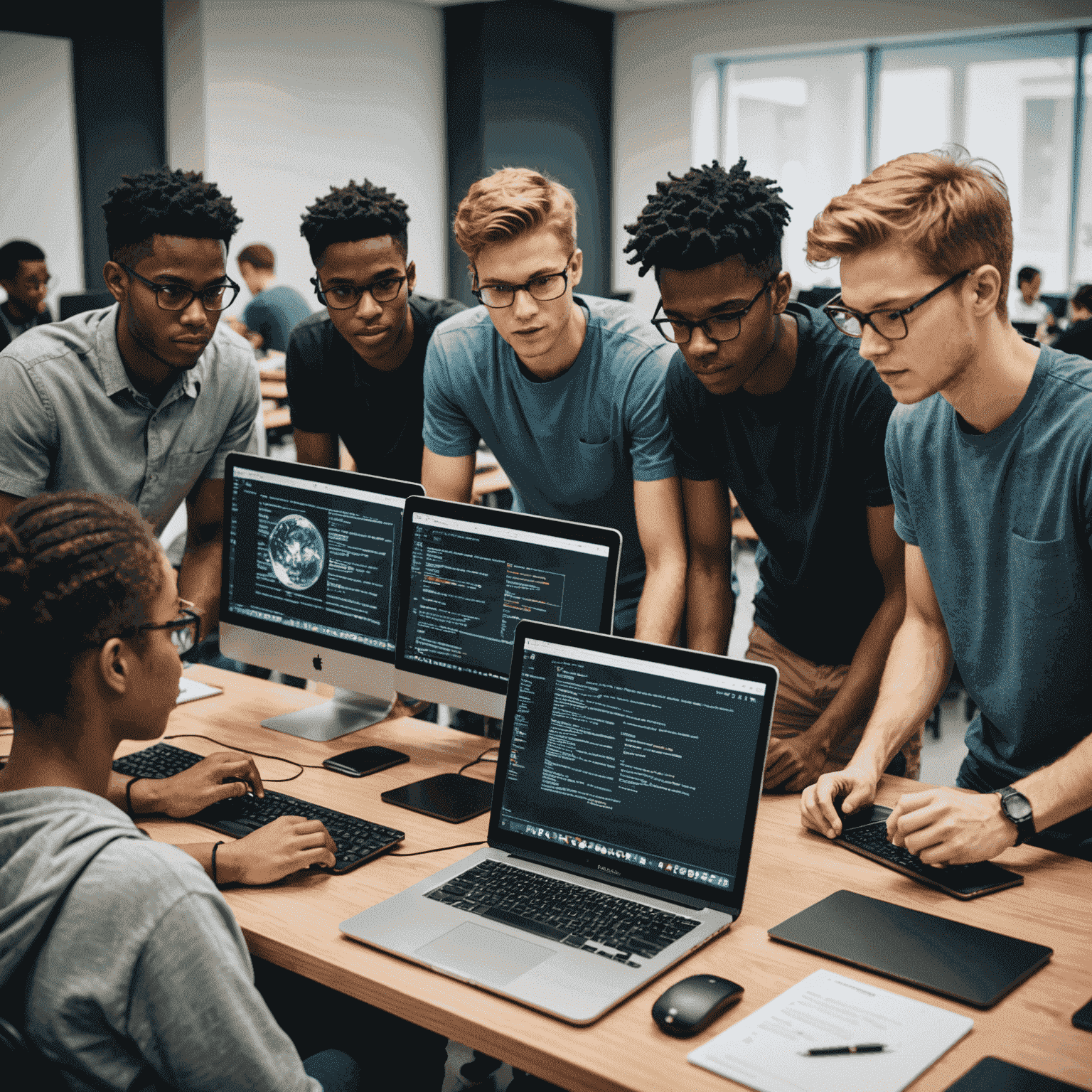 Grupo diverso de estudiantes colaborando en un proyecto de programación, con pantallas mostrando código y diseños