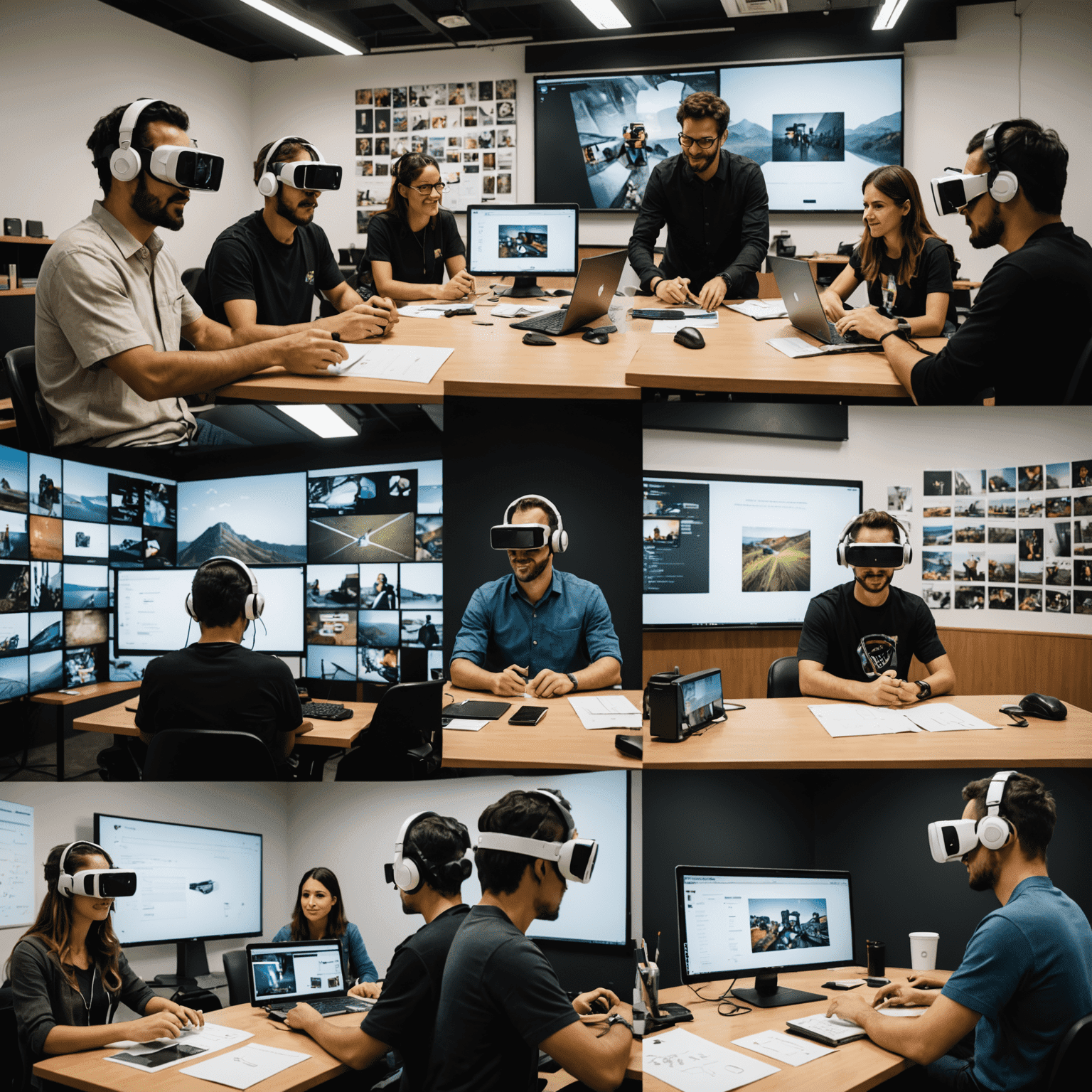 Collage de imágenes que muestran diferentes aspectos de la tecnología creativa en México: una sesión de diseño UX, desarrollo de videojuegos, una experiencia de realidad virtual y una reunión de marketing digital.