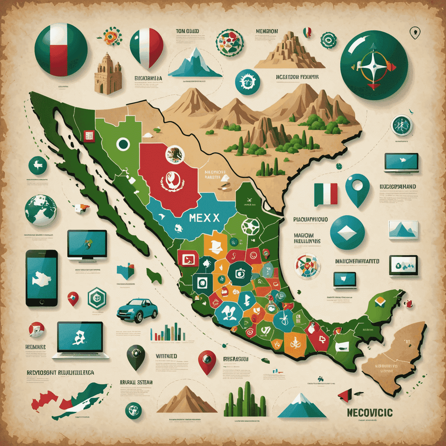 Mapa de México con iconos de tecnología y programación, mostrando el crecimiento de la industria tech en el país